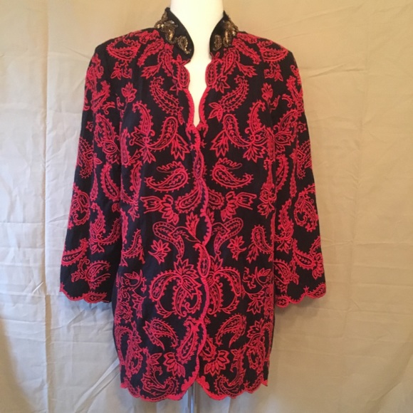 Chico’s Collectibles Red Black Embroidered Jacket - Picture 3 of 8